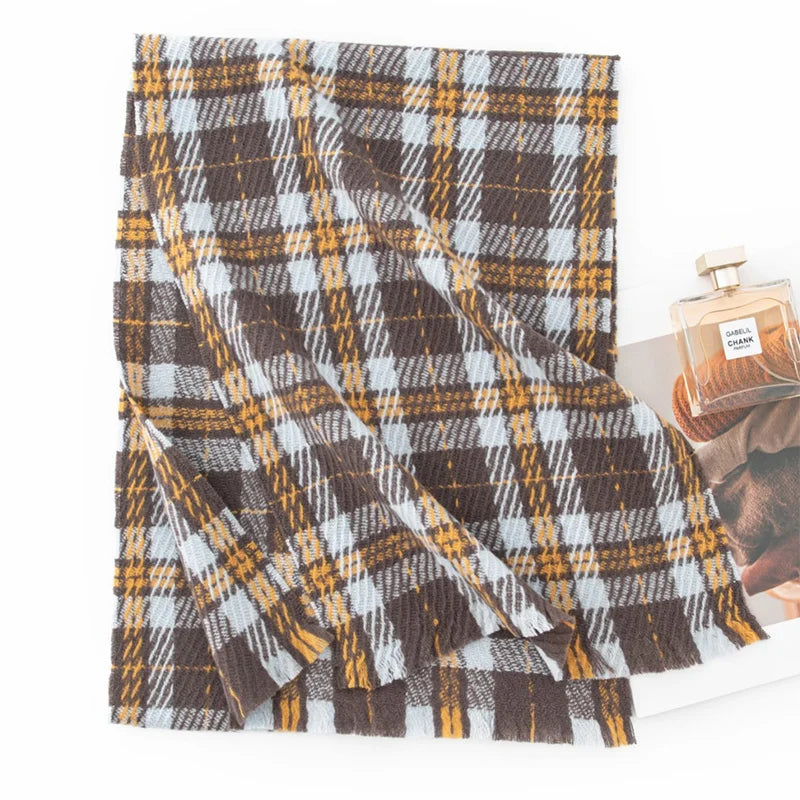 Mustard gray cream plaid wool scarf showing short fringed ends