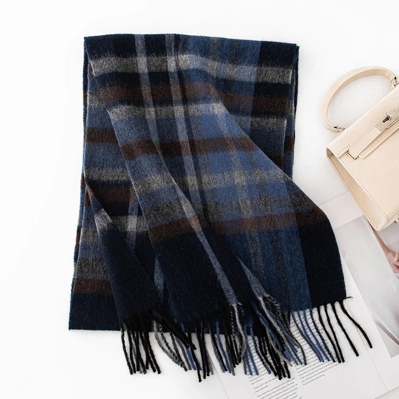 Navy brown plaid wool scarf with dark coordinating fringe