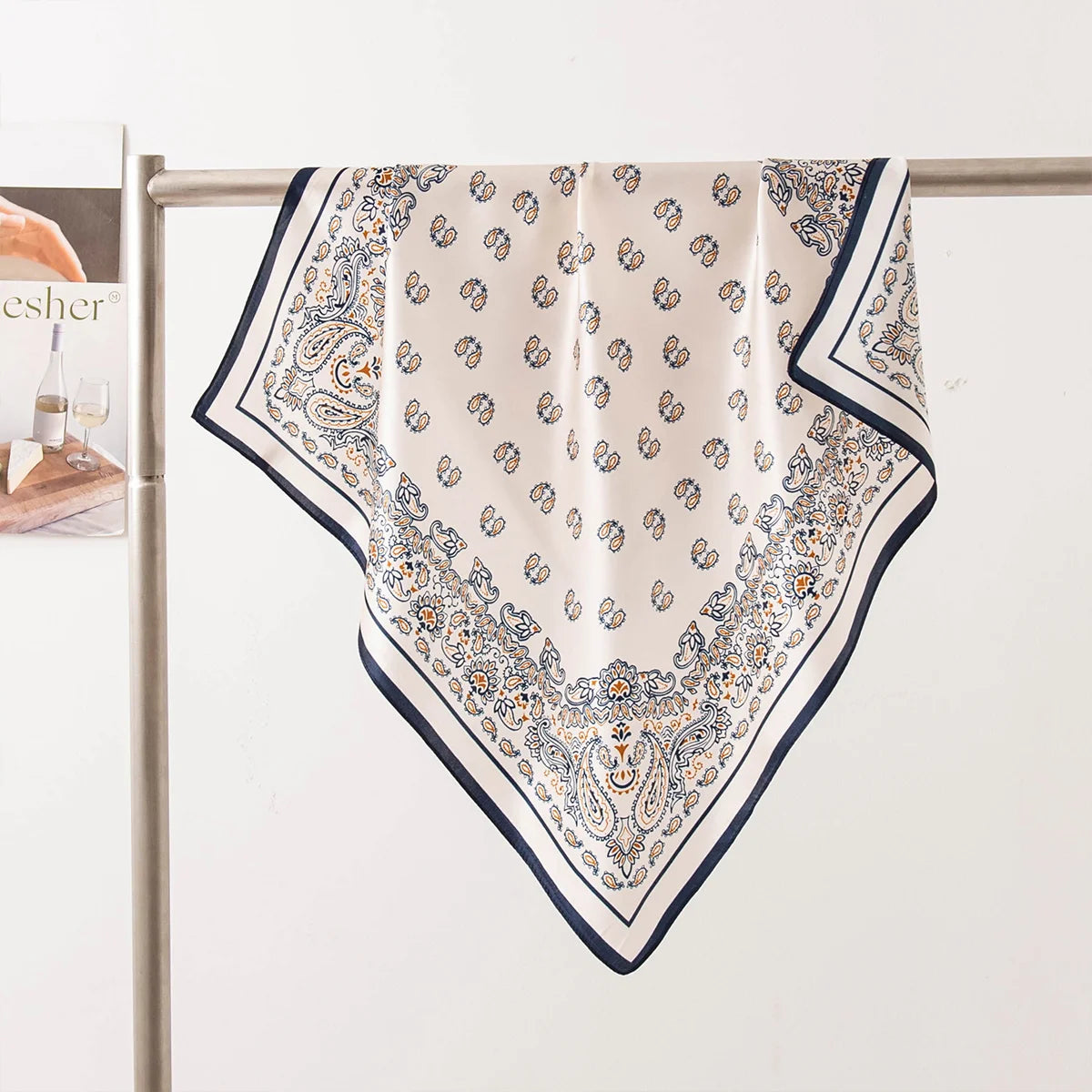 Navy paisley Silk Square Scarf hanging triangle display