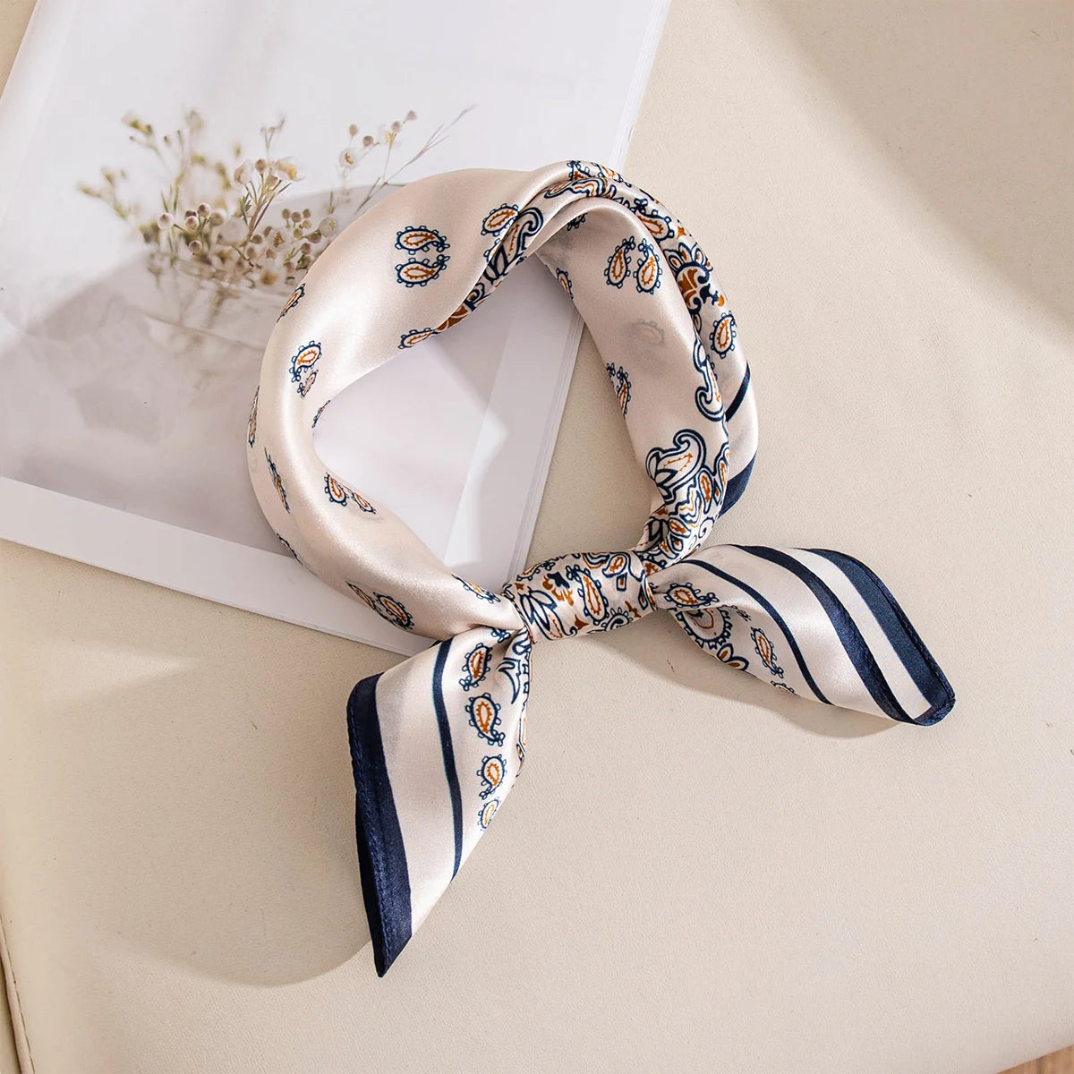 Navy paisley Silk Square Scarf tied in loop