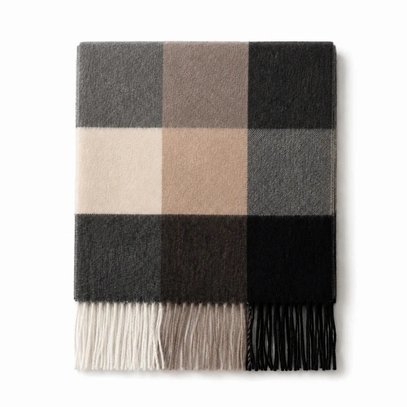 Neutral color block check wool scarf laid flat