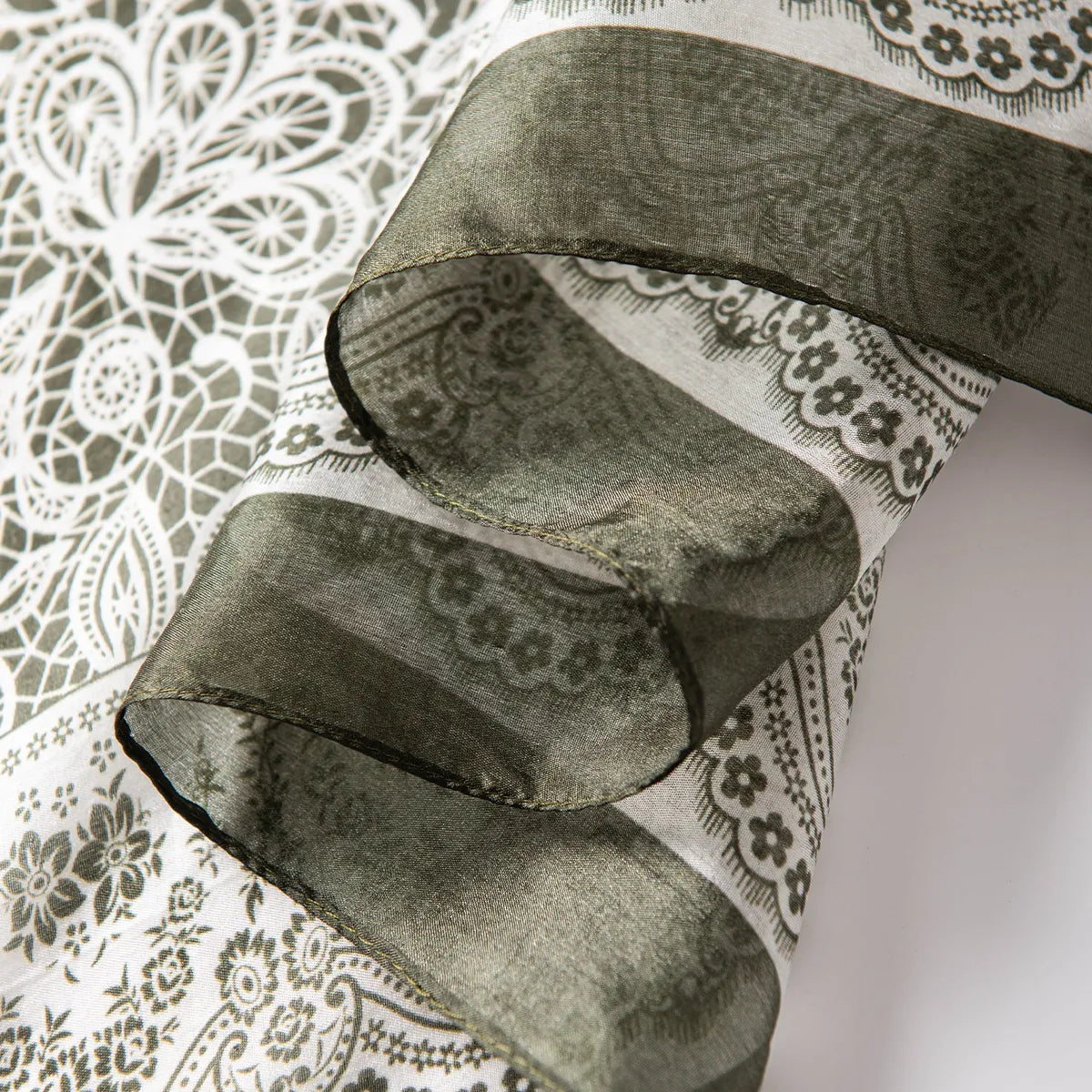 Olive botanical lace silk scarf border detail