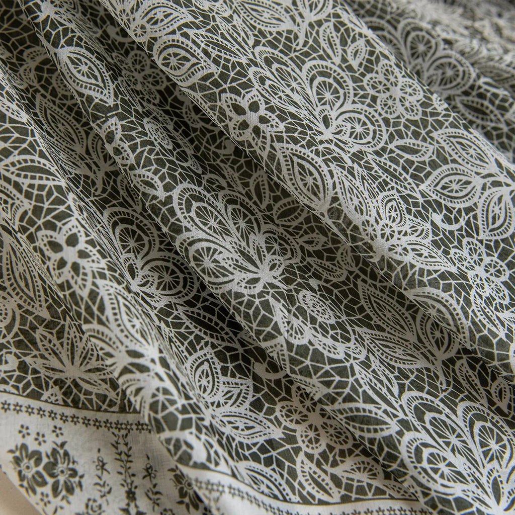 Olive botanical lace silk scarf fabric detail