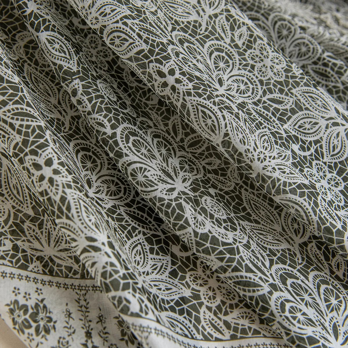 Olive botanical lace silk scarf fabric detail