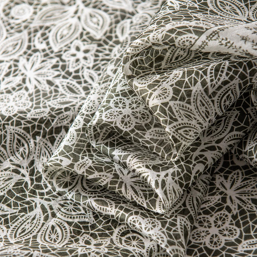 Olive botanical silk scarf fabric close-up