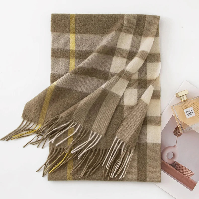 Olive cream checked cashmere scarf with narrow mustard crossing lines