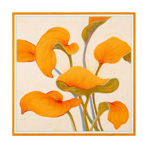 Orange abstract floral silk scarf with light blue border