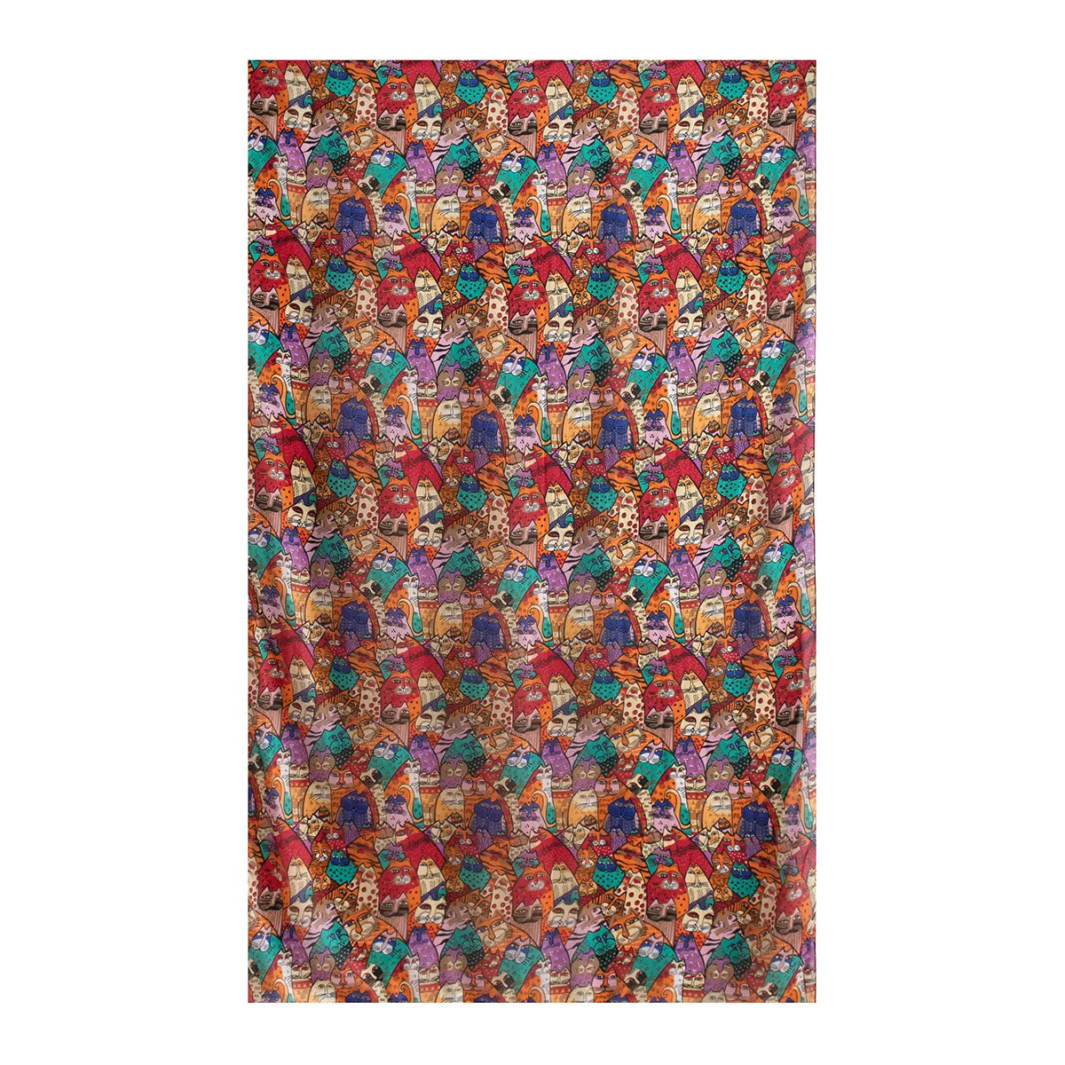 Orange and purple cat-print silk scarf laid flat
