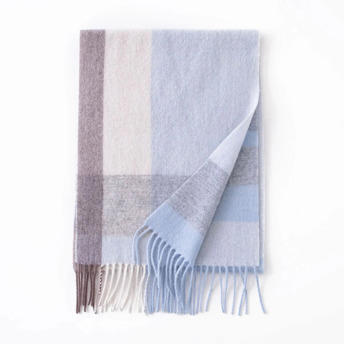 Pale blue and lilac wool scarf folded with fringed ends
