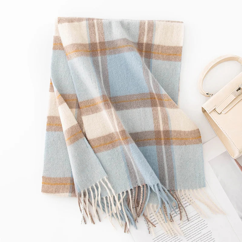 Pale blue cream plaid wool scarf showing thin camel lines