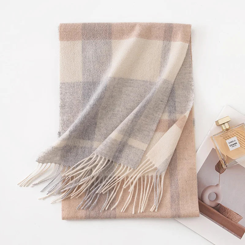 Pale gray cream checked cashmere scarf with long coordinating fringe