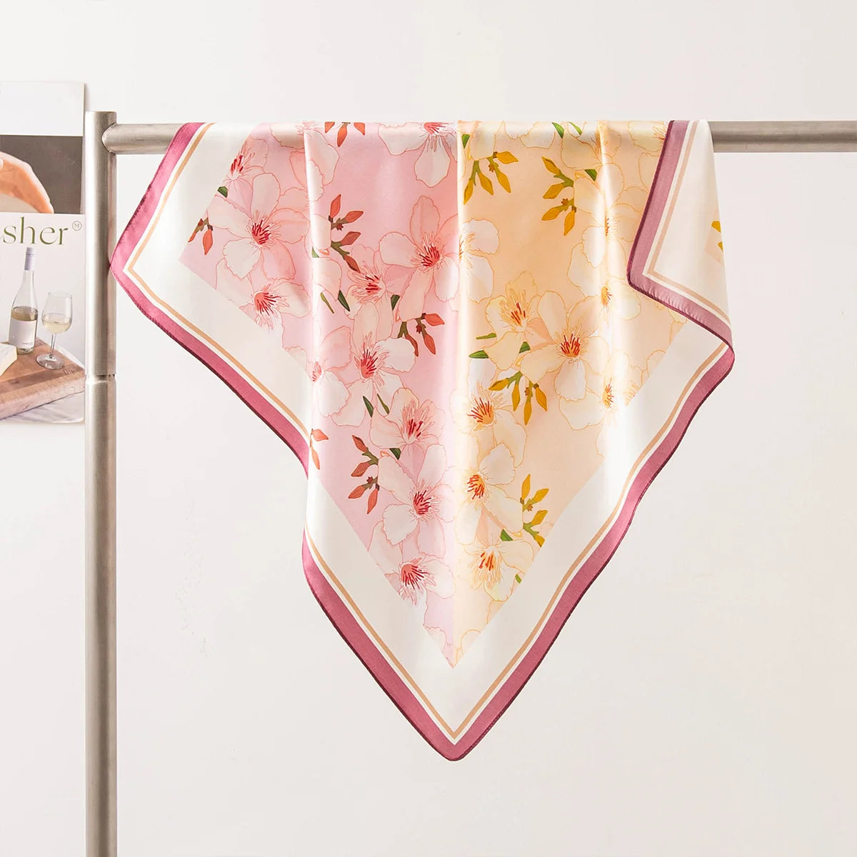 Peach blossom Silk Square Scarf full display