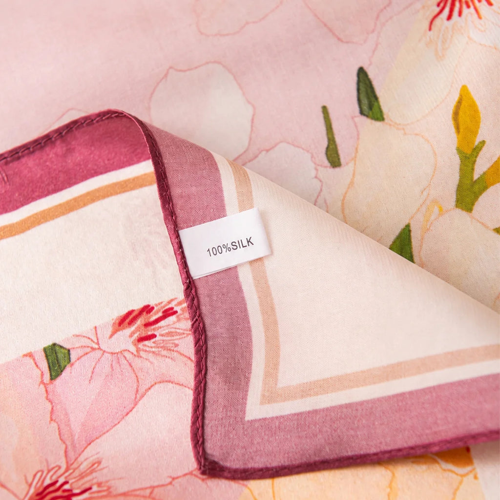 Peach blossom Silk Square Scarf label detail