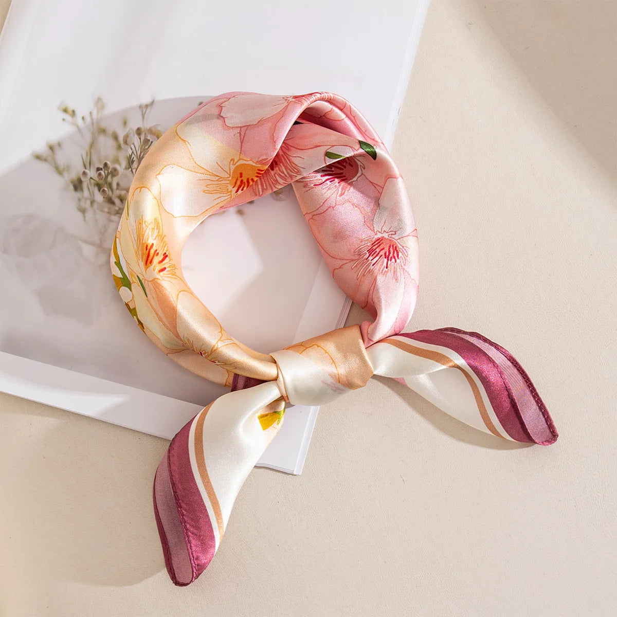 Peach blossom Silk Square Scarf tied in knot