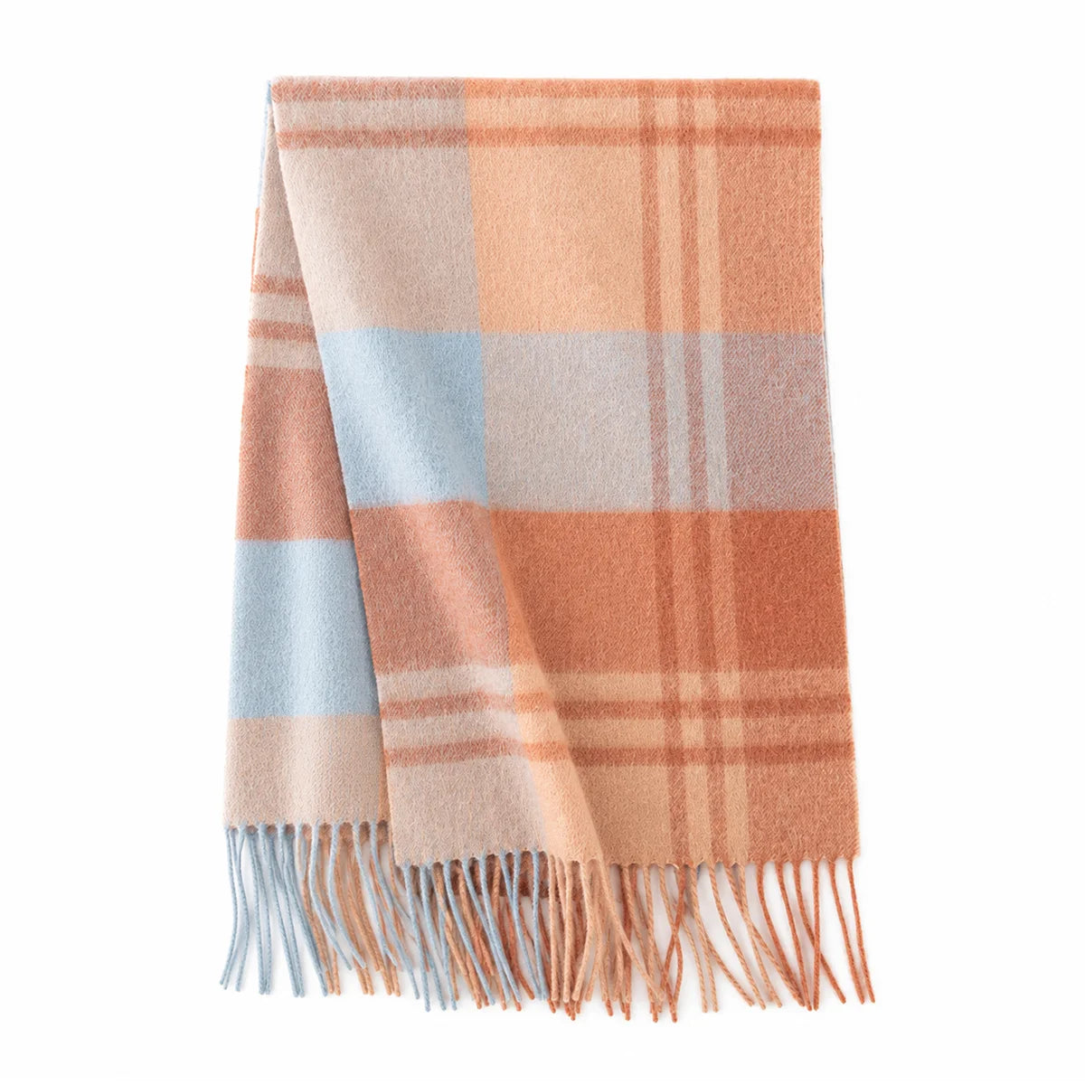 Peach blue plaid wool scarf showing paired thin crossing lines
