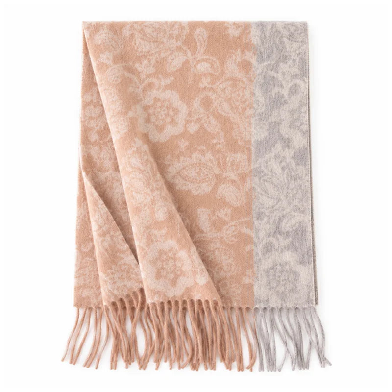 Peach floral wool scarf with gray patterned border and fringe