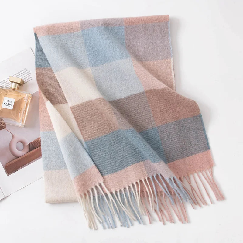 Pink blue cream block check wool scarf with mixed fringe