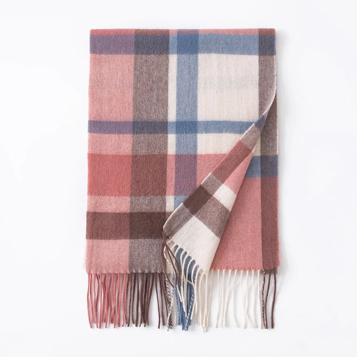 Pink blue plaid wool scarf displaying intersecting bands and fringe