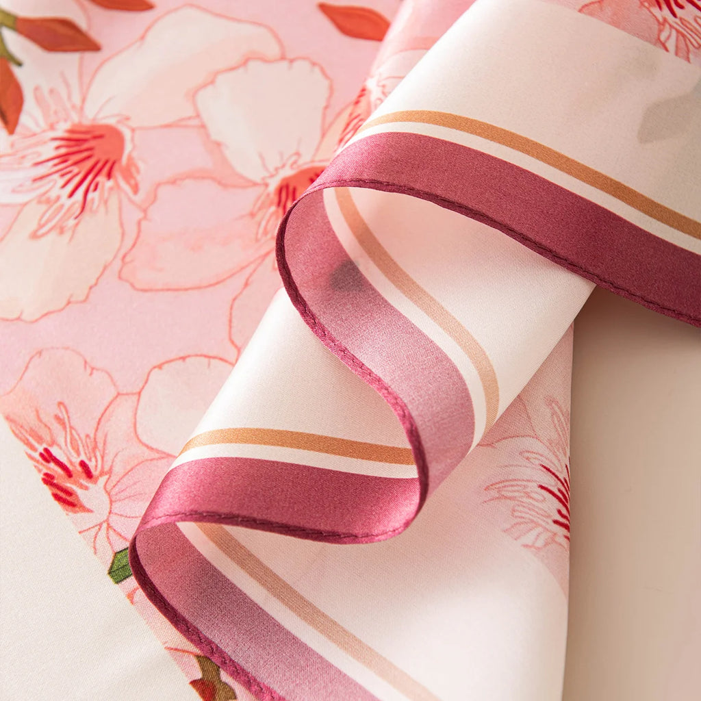 Pink border Silk Square Scarf edge detail