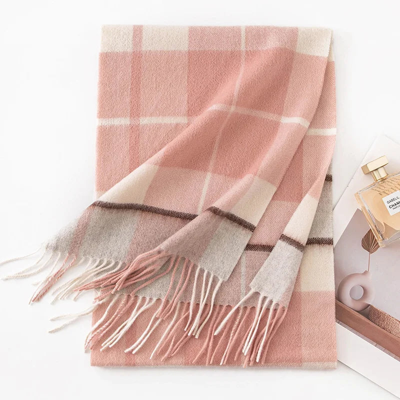 Pink cream checked cashmere scarf showing thin darker lines