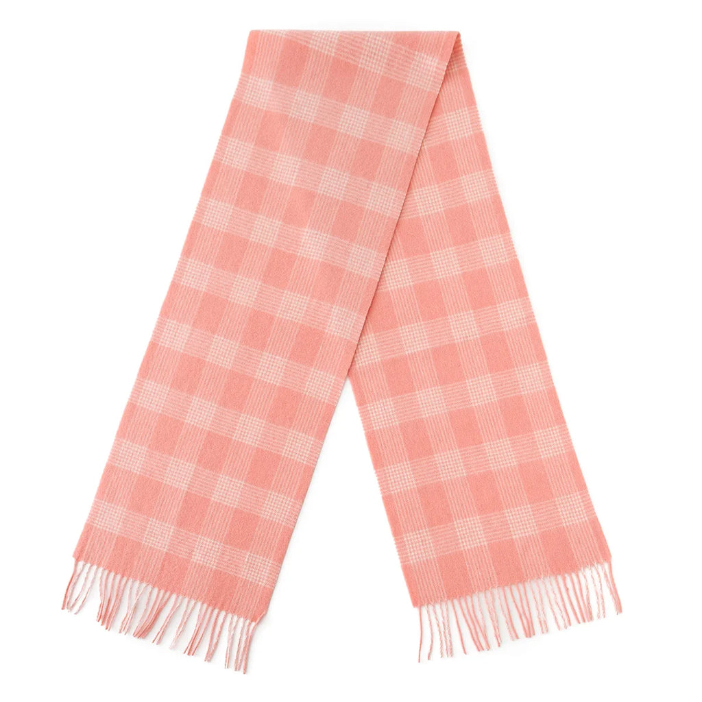 Pink cream plaid wool scarf showing small checks within squares