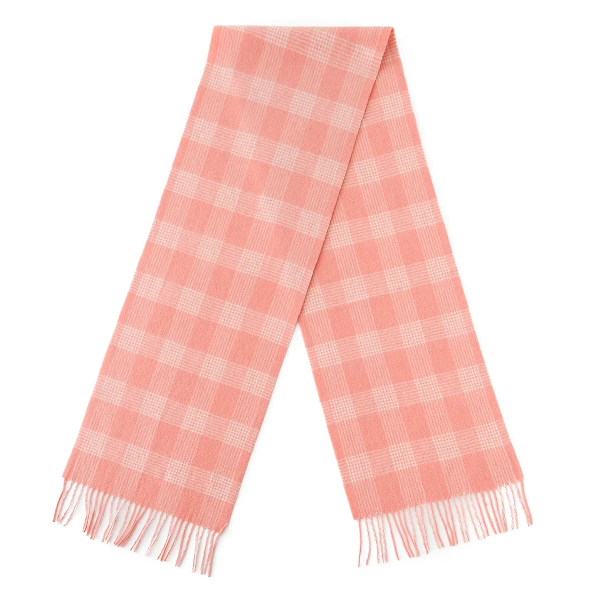 Pink cream plaid wool scarf showing small checks within squares