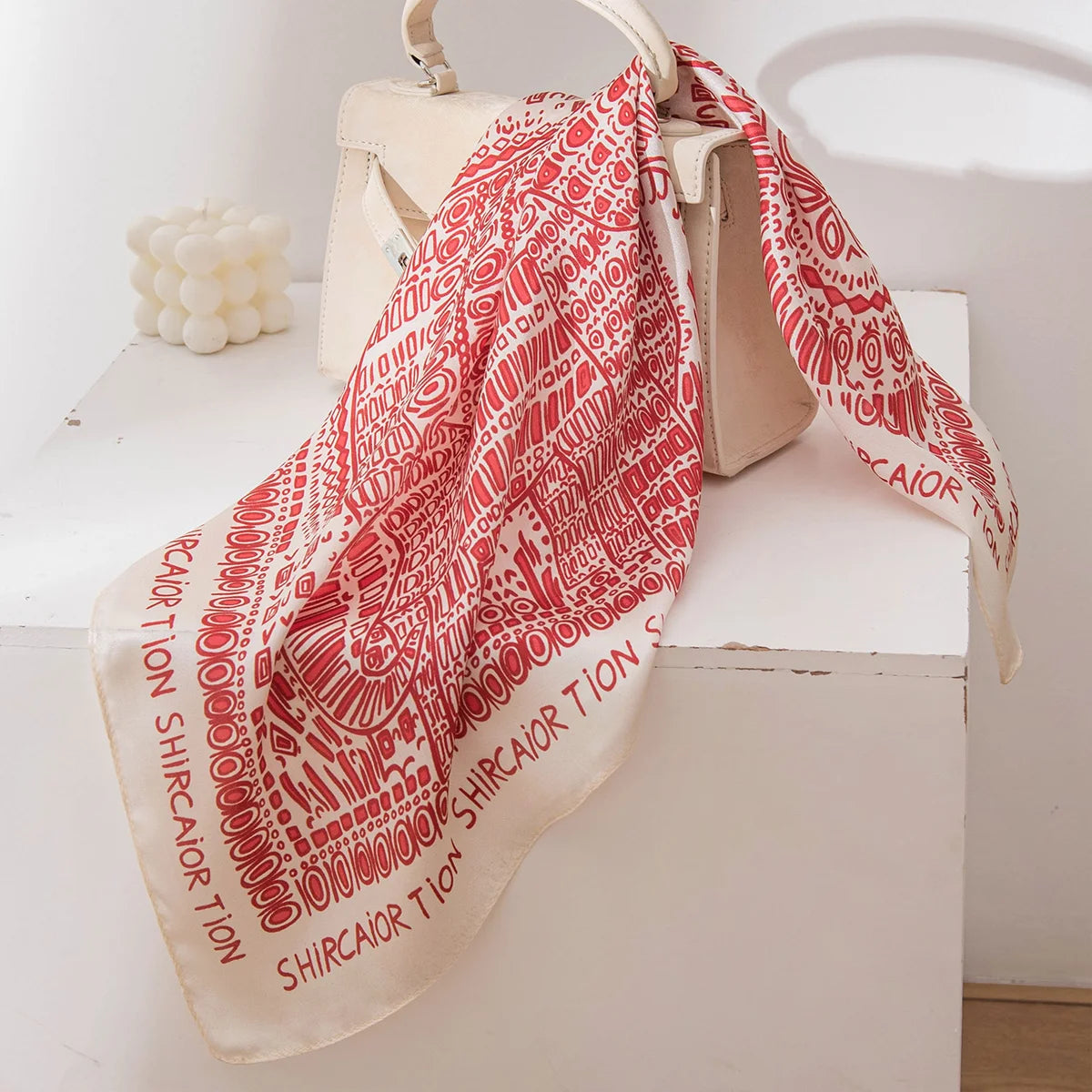 Red elephant Silk Square Scarf styled on handbag