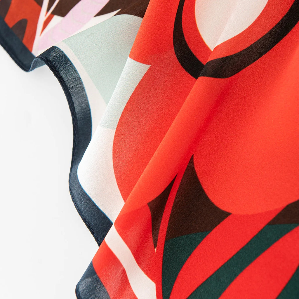 Red floral Silk Square Scarf rolled edge detail