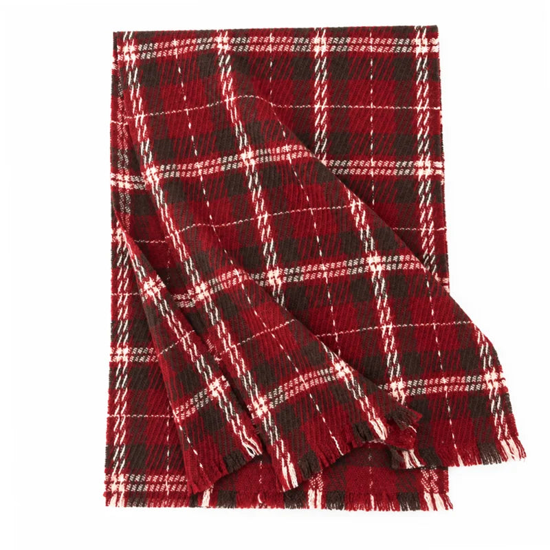 Red tartan wool scarf with cream overcheck and short fringe