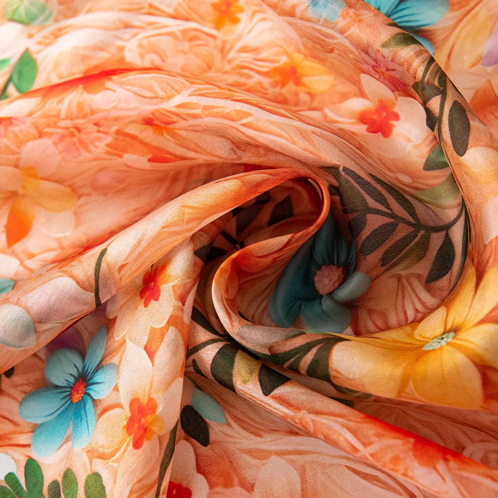 Rolled apricot wildflower silk scarf close-up