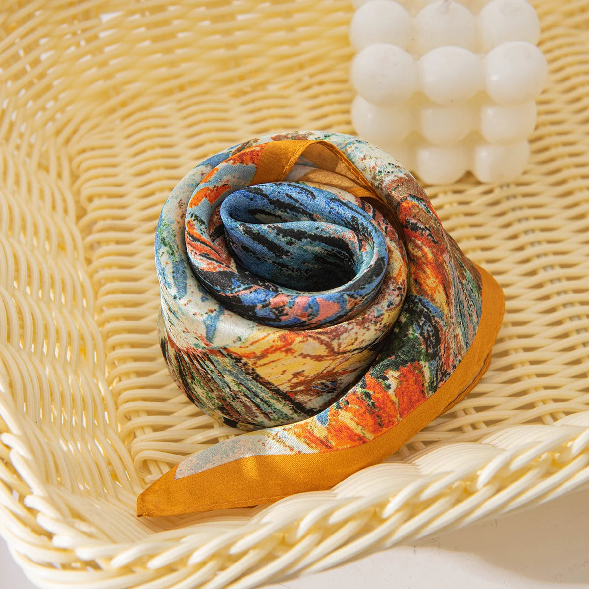 Rolled autumn oil painting Silk Square Scarf display