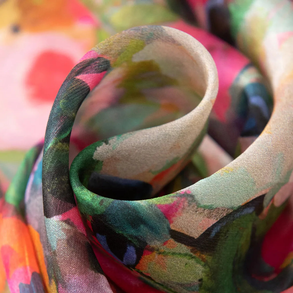 Rolled blush daisy silk scarf close-up