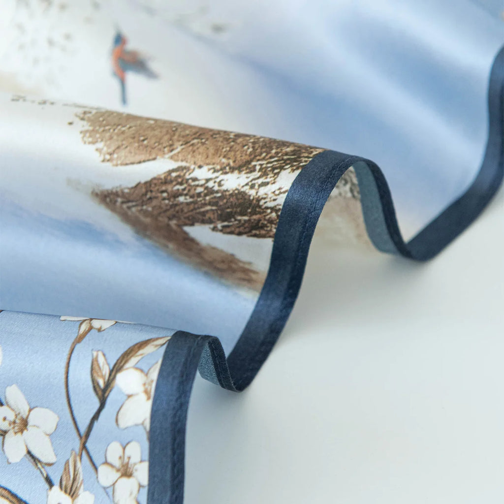 Rolled edge detail of landscape Silk Square Scarf
