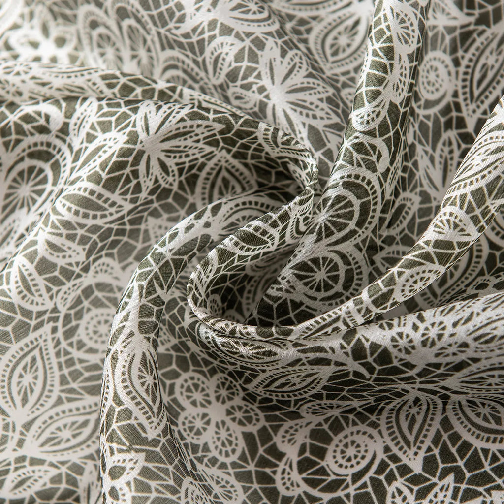 Rolled olive botanical lace silk scarf close-up