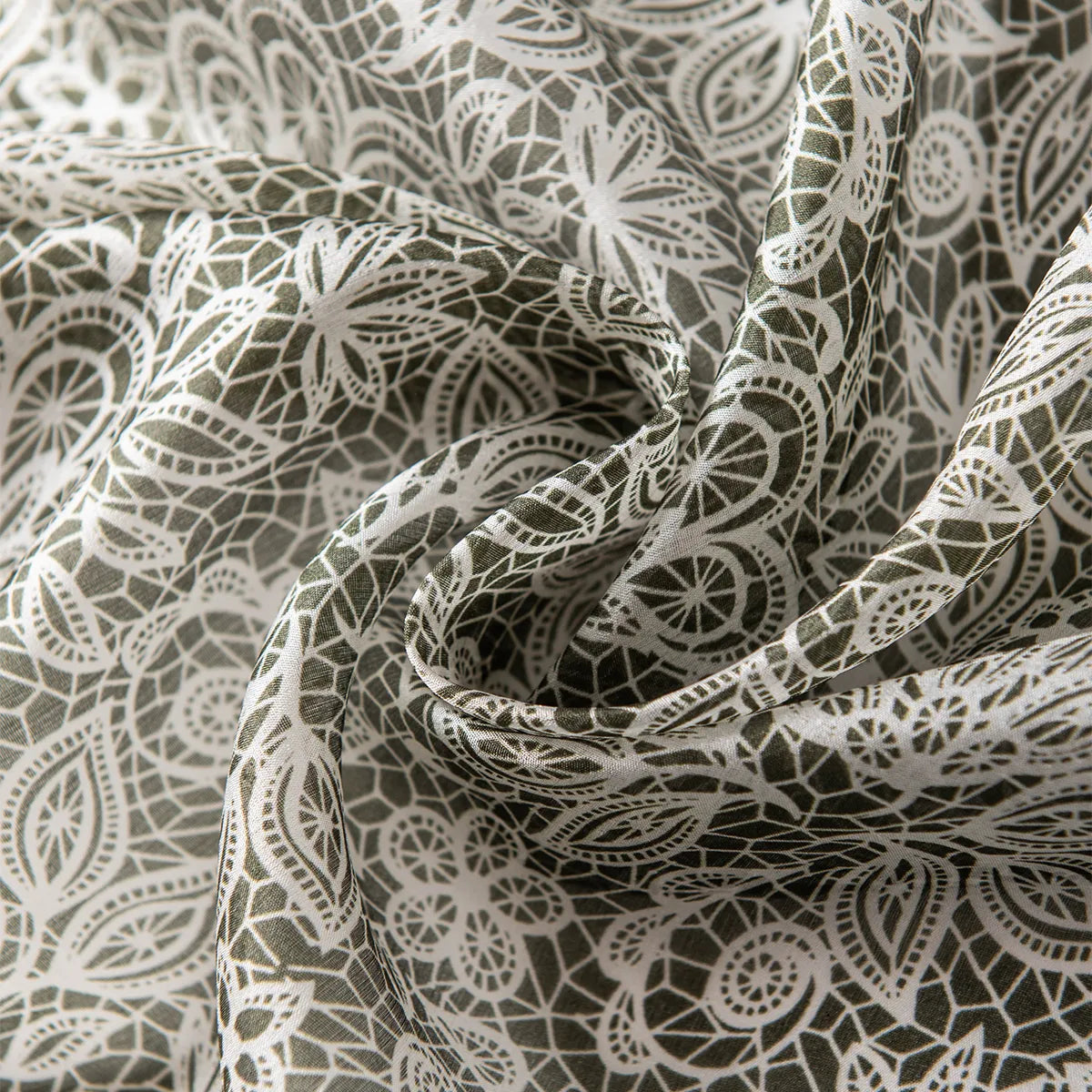 Rolled olive botanical lace silk scarf close-up