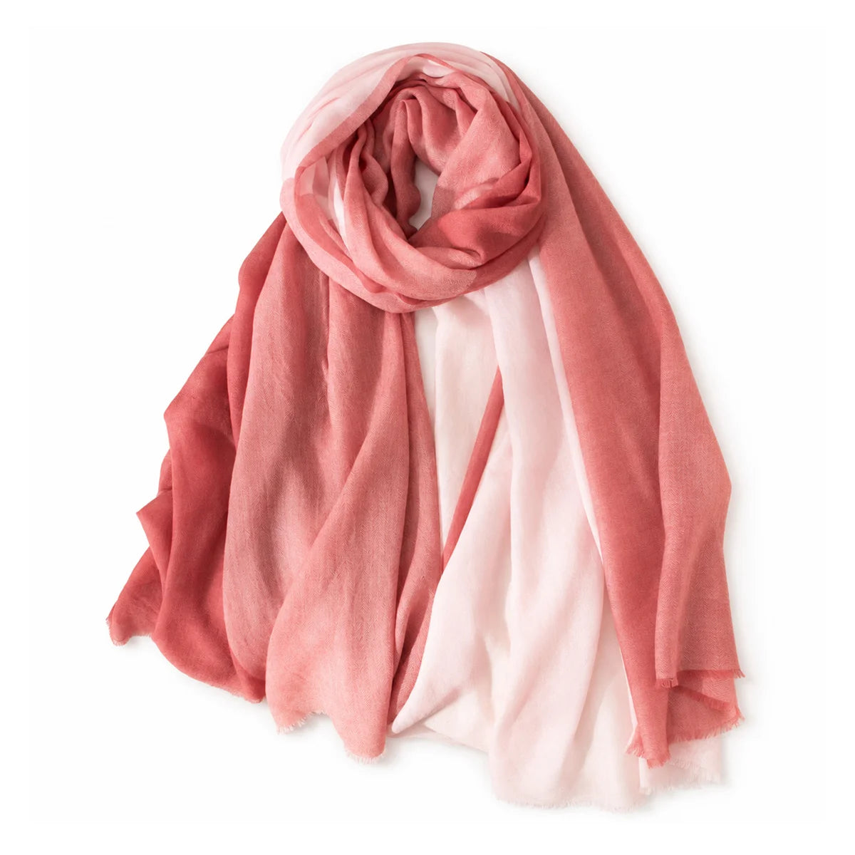 Rose pink paneled wool scarf loosely looped on white background