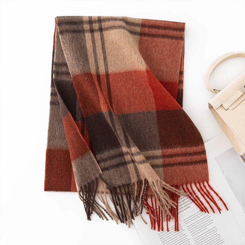 Rust brown plaid wool scarf with fine paired crossing stripes