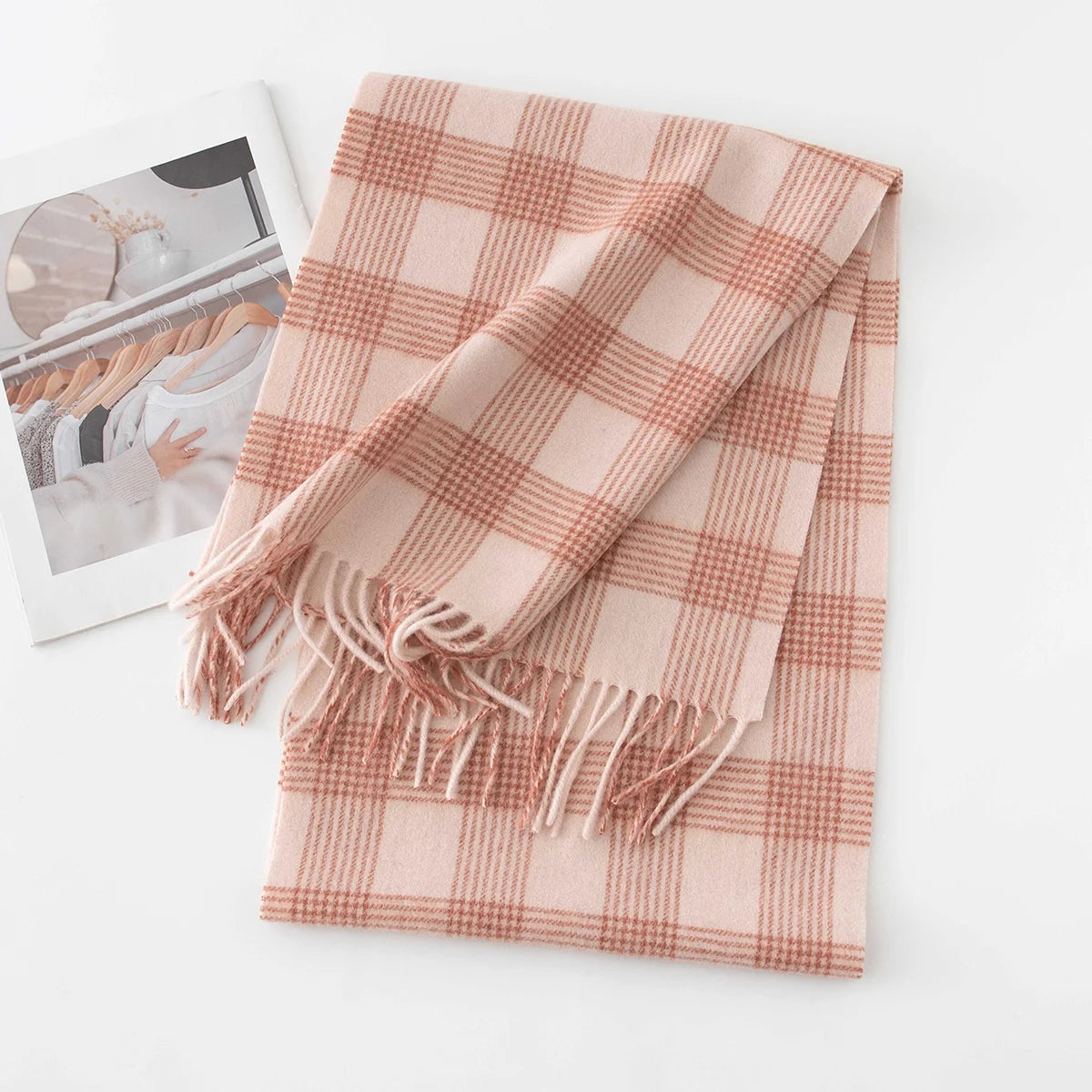 Rust cream plaid wool scarf showing fine checks within bands
