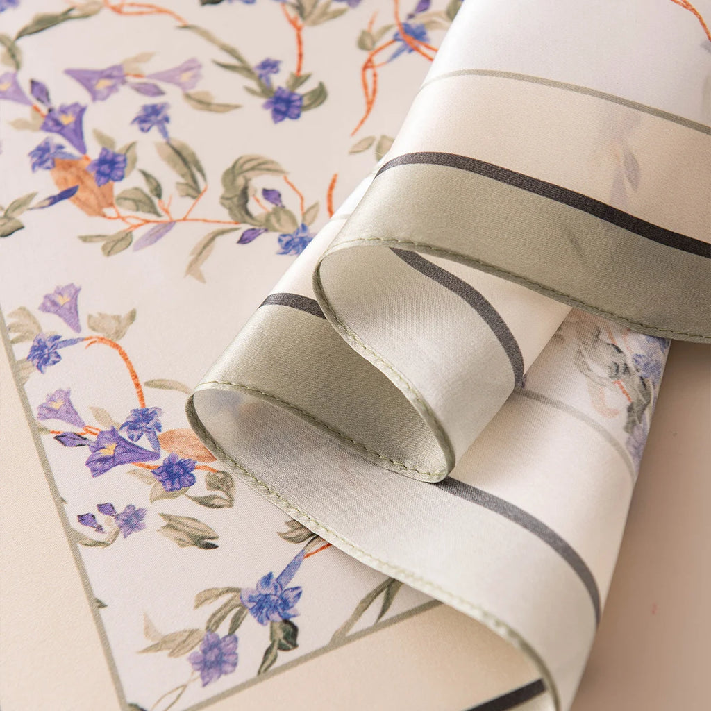 Sage bordered Silk Square Scarf rolled edge detail