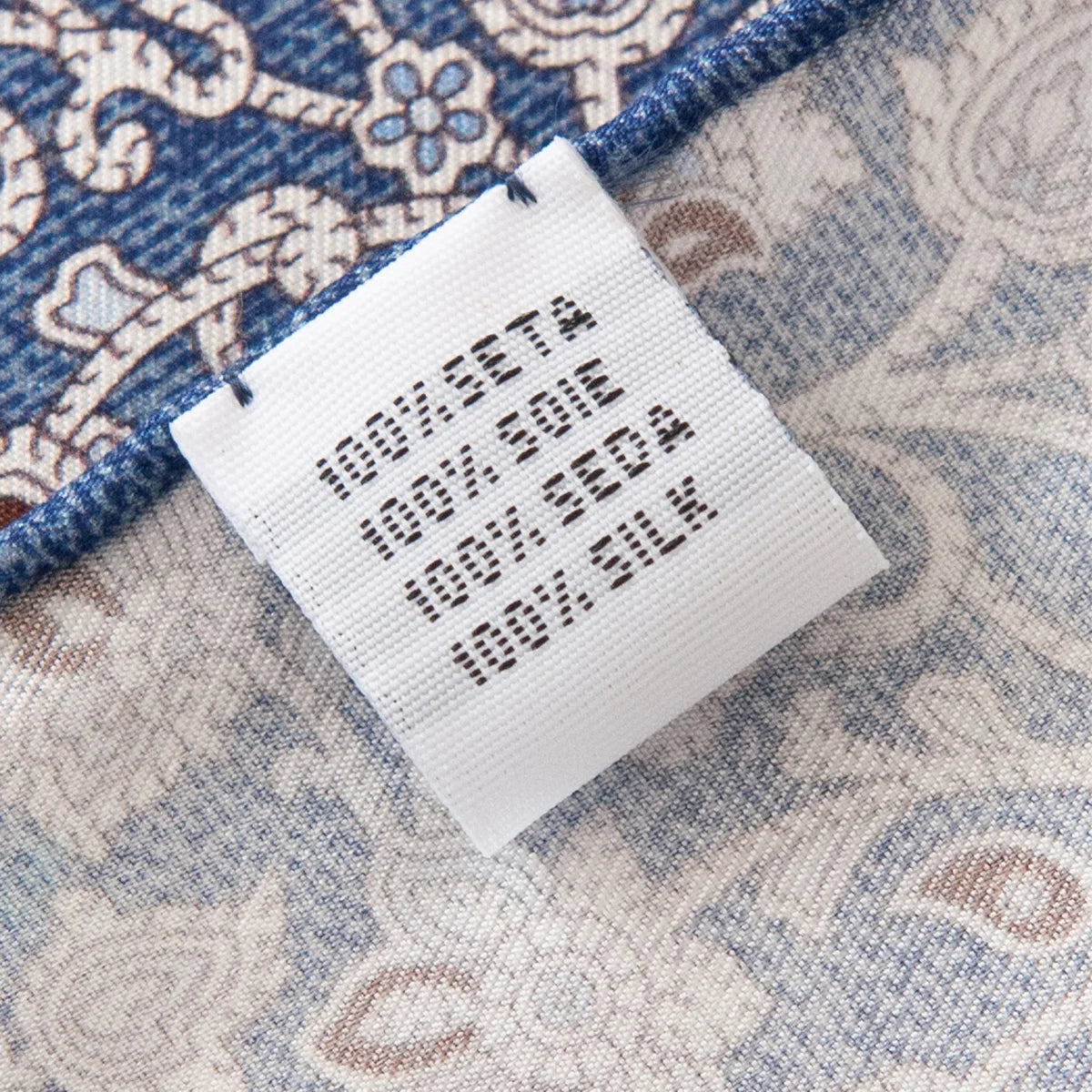 Silk Square Scarf care label and floral print detail