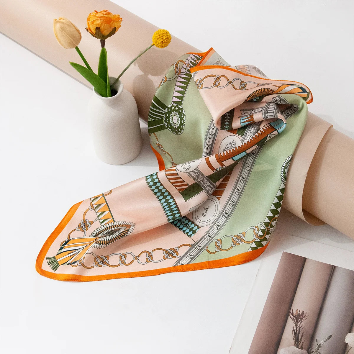 Silk Square Scarf draped beside vase and flowers