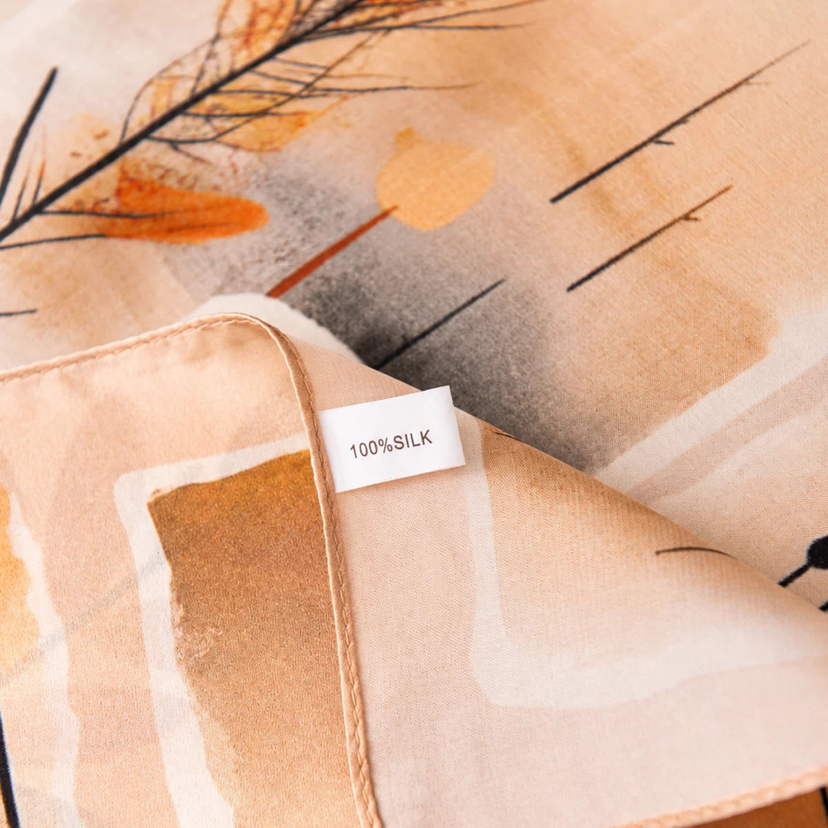 Silk Square Scarf label on autumn print fabric