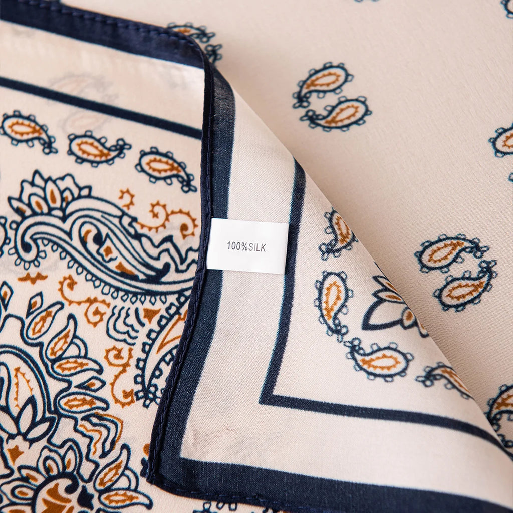 Silk Square Scarf label with navy paisley border