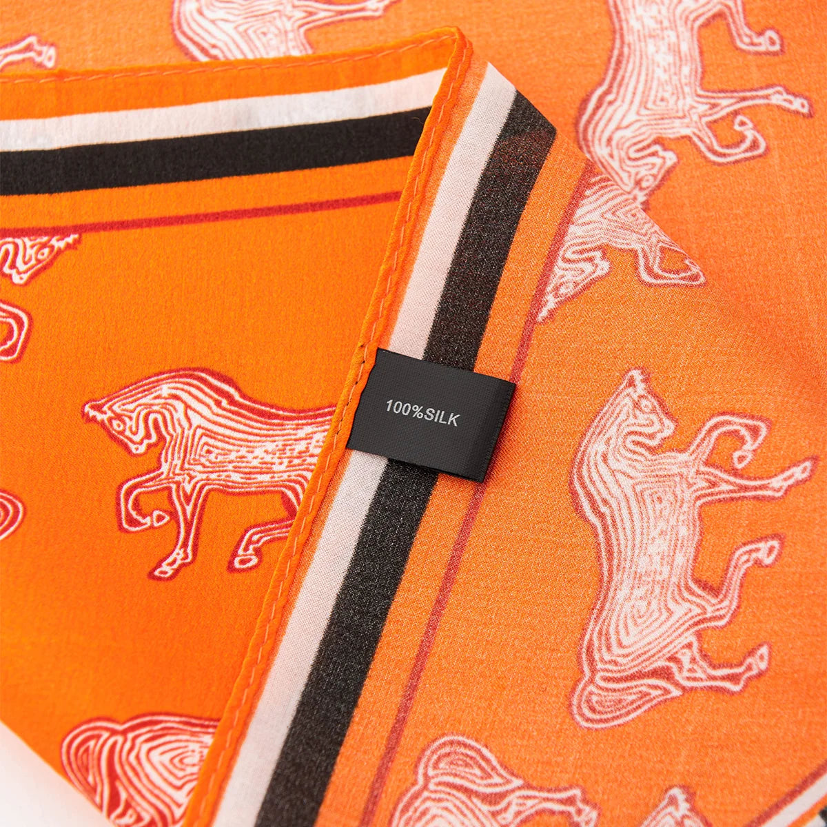 Silk Square Scarf label with orange horse print