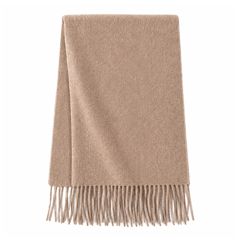 Taupe cashmere scarf displayed flat with long twisted fringe