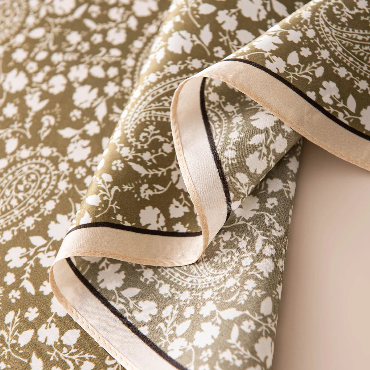 Tea green Silk Square Scarf rolled edge detail