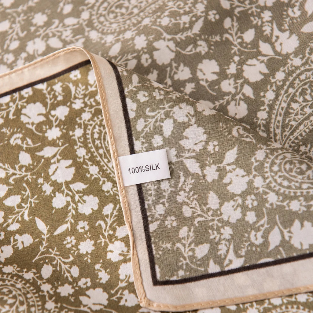 Tea green paisley Silk Square Scarf care label