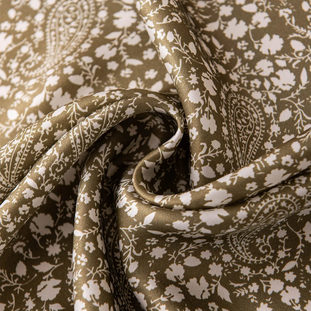 Tea green paisley Silk Square Scarf fabric close-up