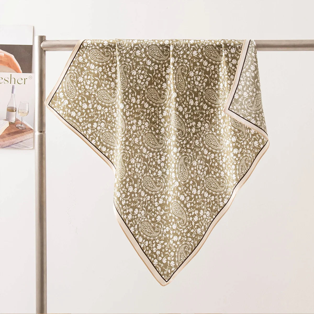 Tea green paisley Silk Square Scarf hanging display