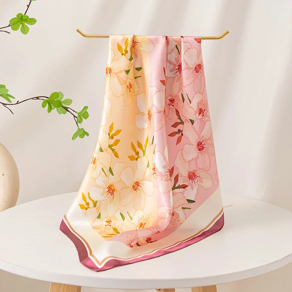 Two-tone floral Silk Square Scarf hanging display